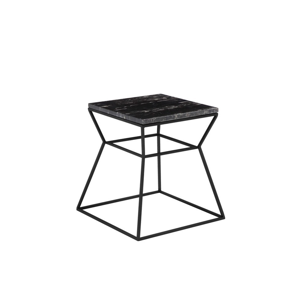 Lio 18 Inch Side End Table, Square Marble Top, Open Hourglass Frame, Black - BM316964