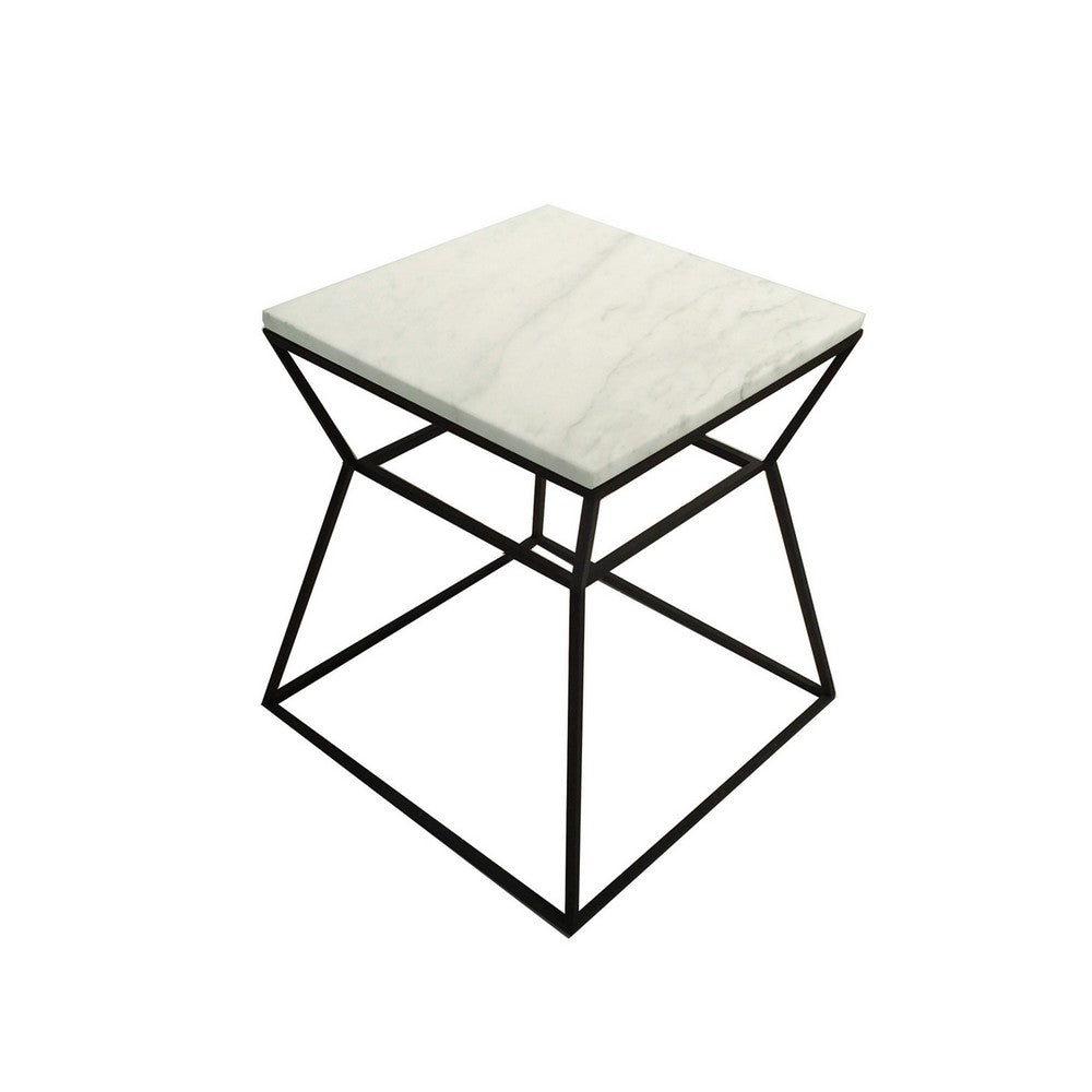 Lio 18 Inch Side End Table, White Marble Top, Open Hourglass Frame, Black - BM316965