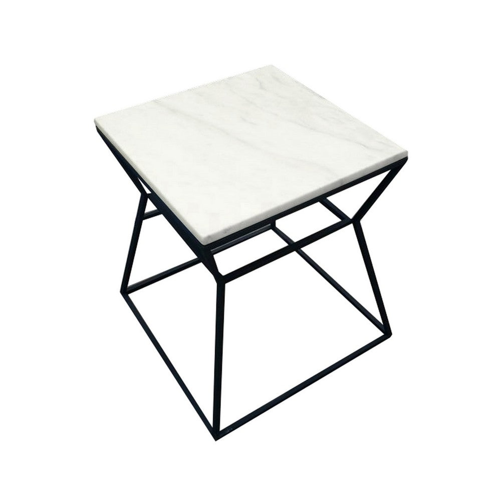 Lio 18 Inch Side End Table, White Marble Top, Open Hourglass Frame, Black - BM316965