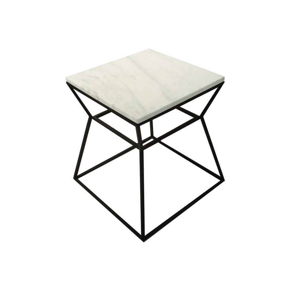 Lio 18 Inch Side End Table, White Marble Top, Open Hourglass Frame, Black - BM316965