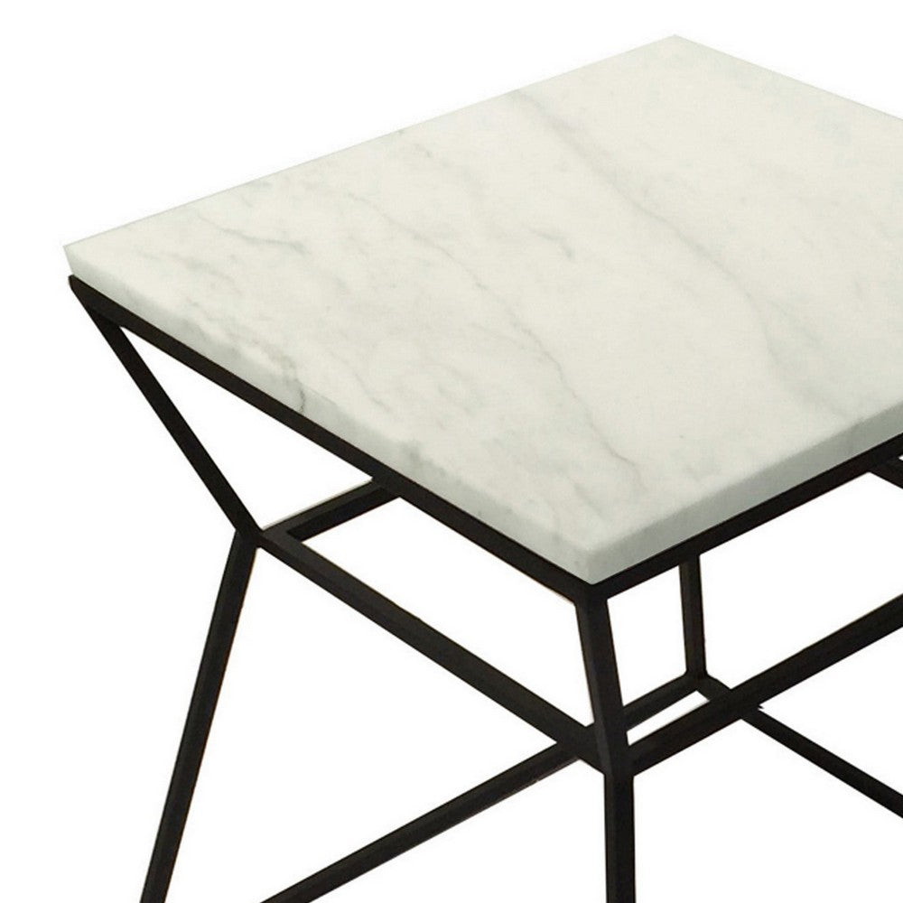 Lio 18 Inch Side End Table, White Marble Top, Open Hourglass Frame, Black - BM316965