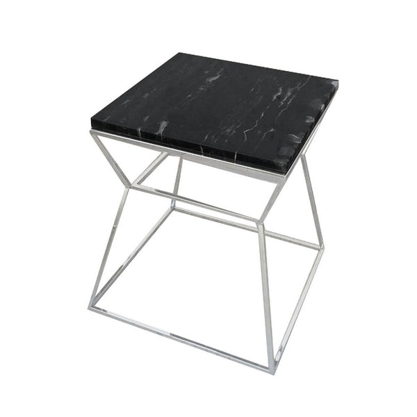 Lio 18 Inch Side End Table, Black Marble Top, Silver Open Hourglass Frame - BM316966