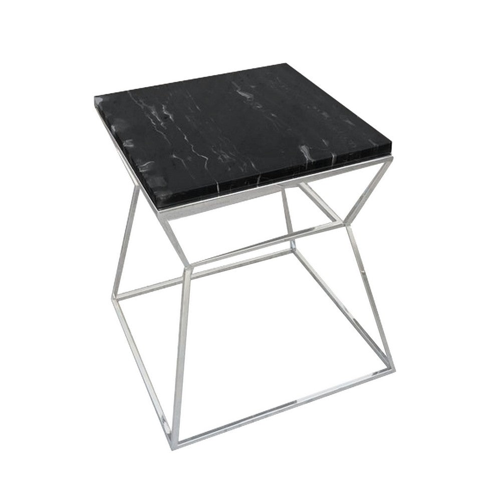 Lio 18 Inch Side End Table, Black Marble Top, Silver Open Hourglass Frame - BM316966