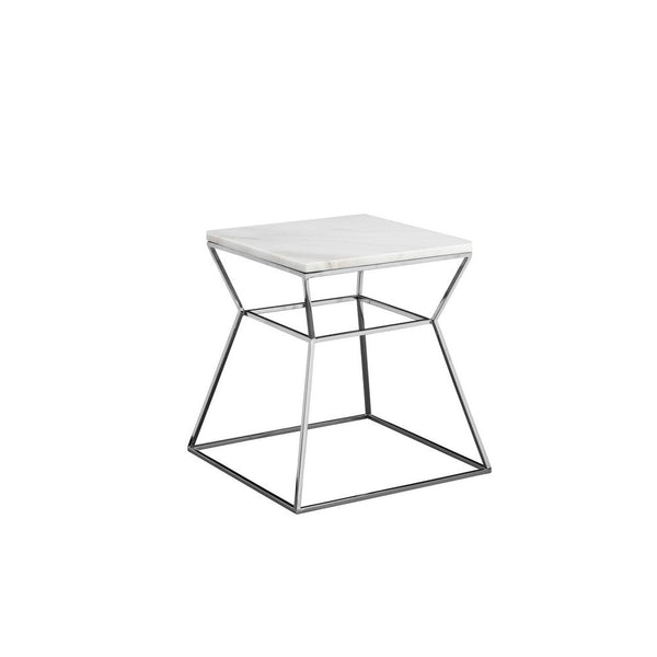 Lio 18 Inch Side End Table, White Marble Top, Silver Open Hourglass Frame - BM316967