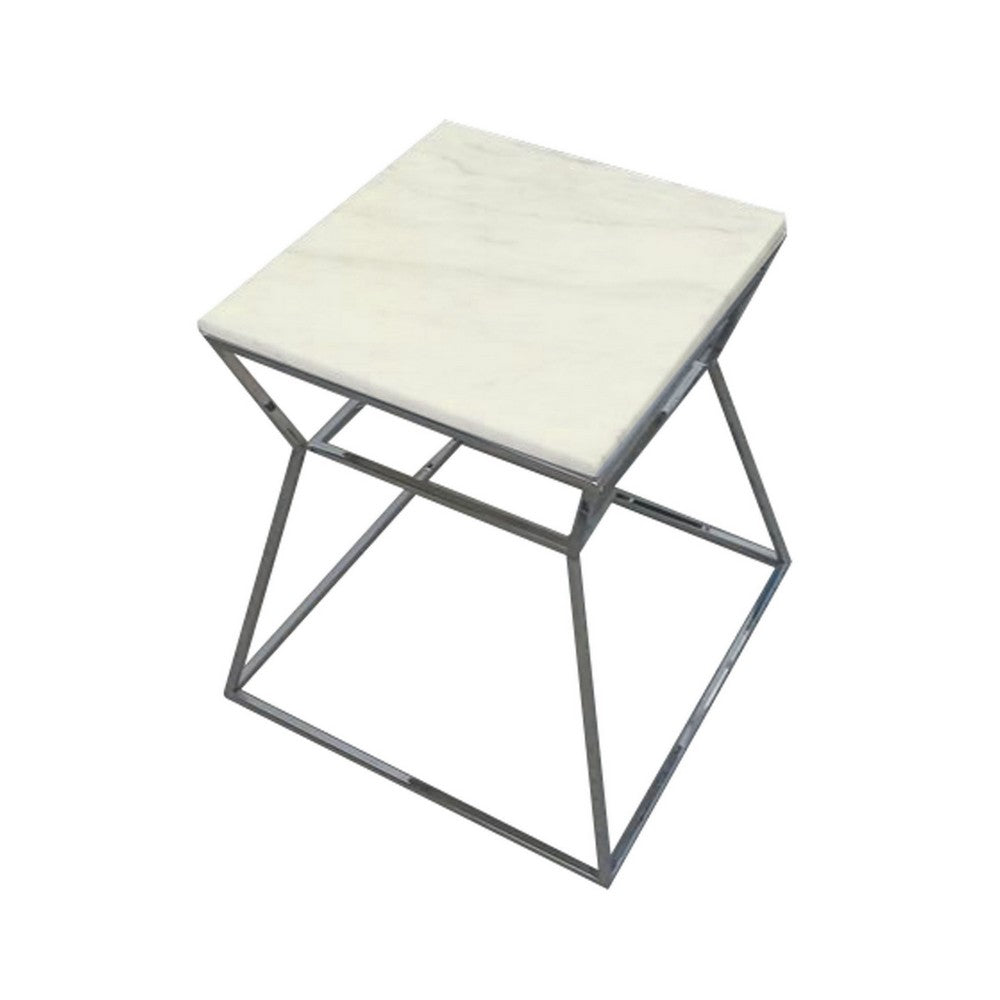 Lio 18 Inch Side End Table, White Marble Top, Silver Open Hourglass Frame - BM316967