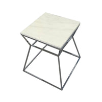 Lio 18 Inch Side End Table, White Marble Top, Silver Open Hourglass Frame - BM316967