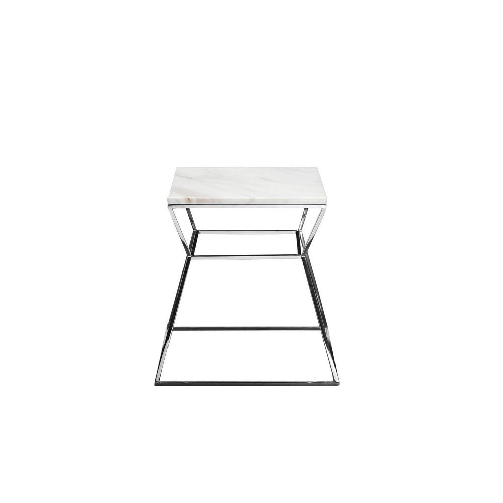 Lio 18 Inch Side End Table, White Marble Top, Silver Open Hourglass Frame - BM316967