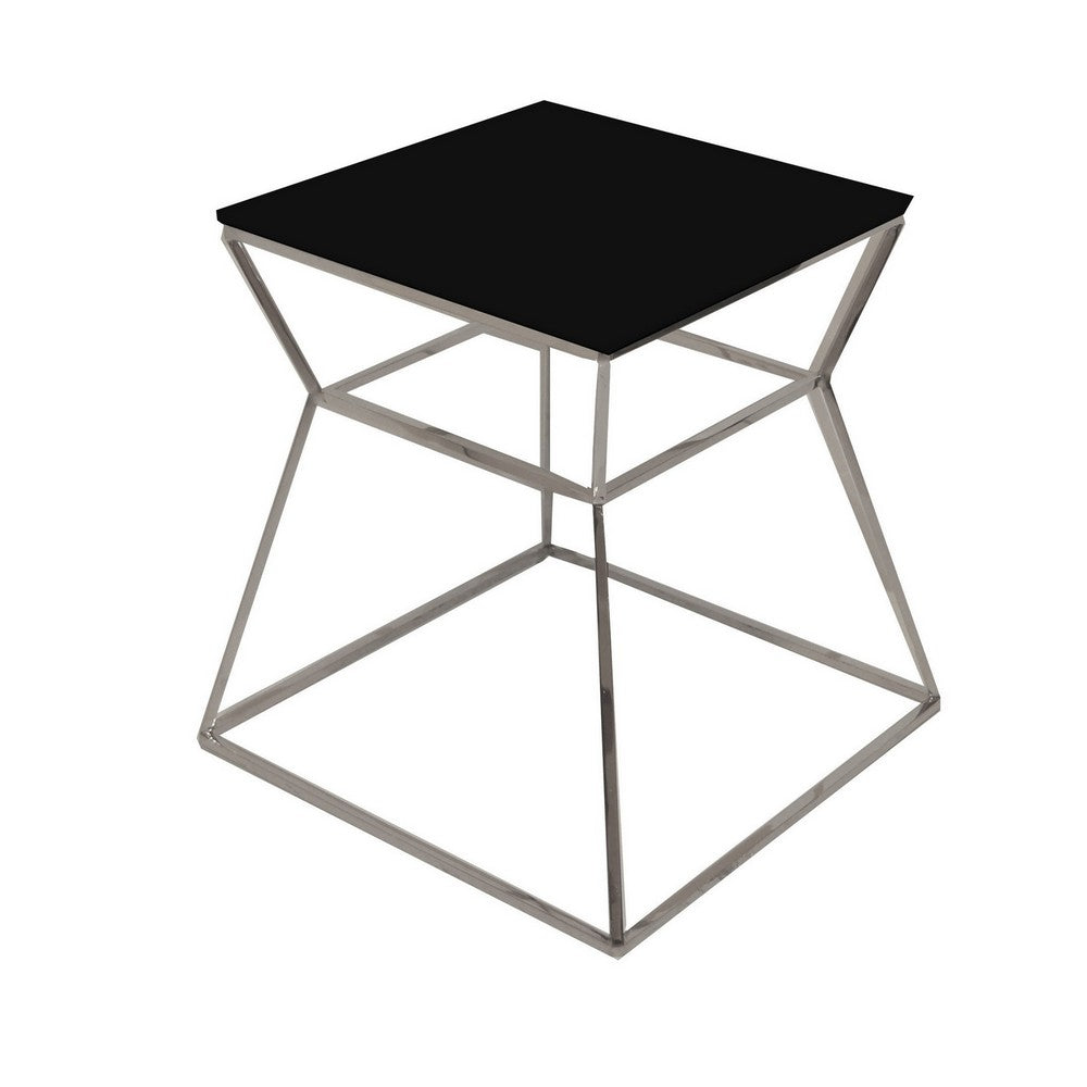 Lio 18 Inch Side End Table, Black Glass Top, Silver Open Hourglass Frame - BM316968