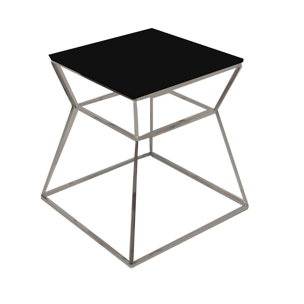 Lio 18 Inch Side End Table, Black Glass Top, Silver Open Hourglass Frame - BM316968