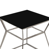 Lio 18 Inch Side End Table, Black Glass Top, Silver Open Hourglass Frame - BM316968