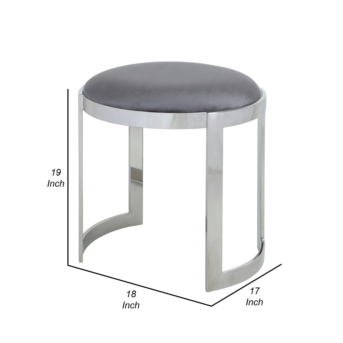 Niyo 19 Inch Accent Stool, Cushioned Gray Velvet Seat, Silver Metal Frame - BM316994