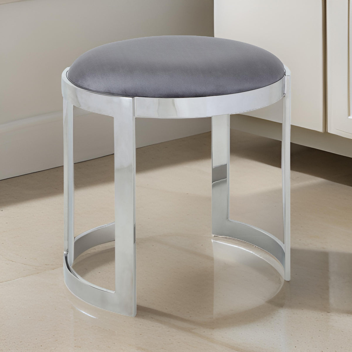 Niyo 19 Inch Accent Stool, Cushioned Gray Velvet Seat, Silver Metal Frame - BM316994