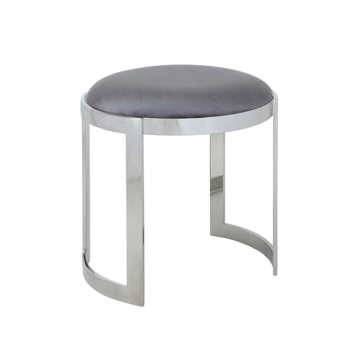 Niyo 19 Inch Accent Stool, Cushioned Gray Velvet Seat, Silver Metal Frame - BM316994