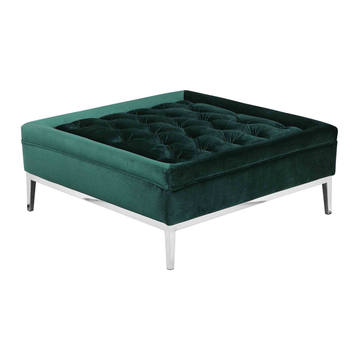 Vien 37 Inch Ottoman, Nailhead Trim, Square, Green Velvet Tufted, Chrome - BM317005