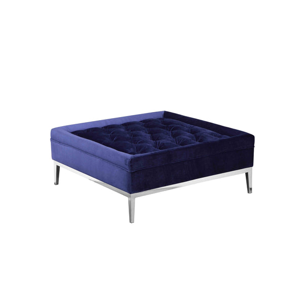 Vien 37 Inch Ottoman, Nailhead Trim, Square, Blue Velvet Tufted, Chrome - BM317006