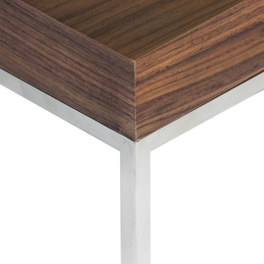 Zen 24 Inch Side End Table, Square, Brown Wood Top, Chrome Steel Frame - BM317009