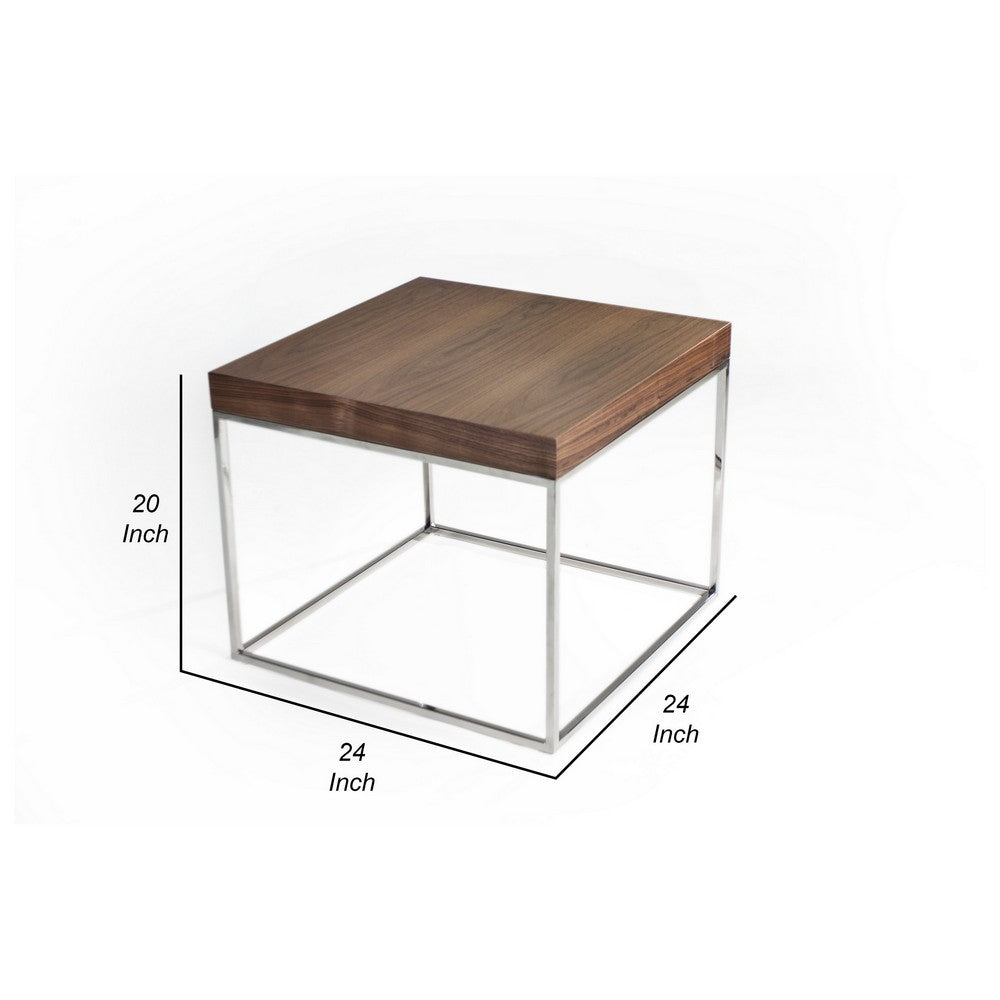 Zen 24 Inch Side End Table, Square, Brown Wood Top, Chrome Steel Frame - BM317009