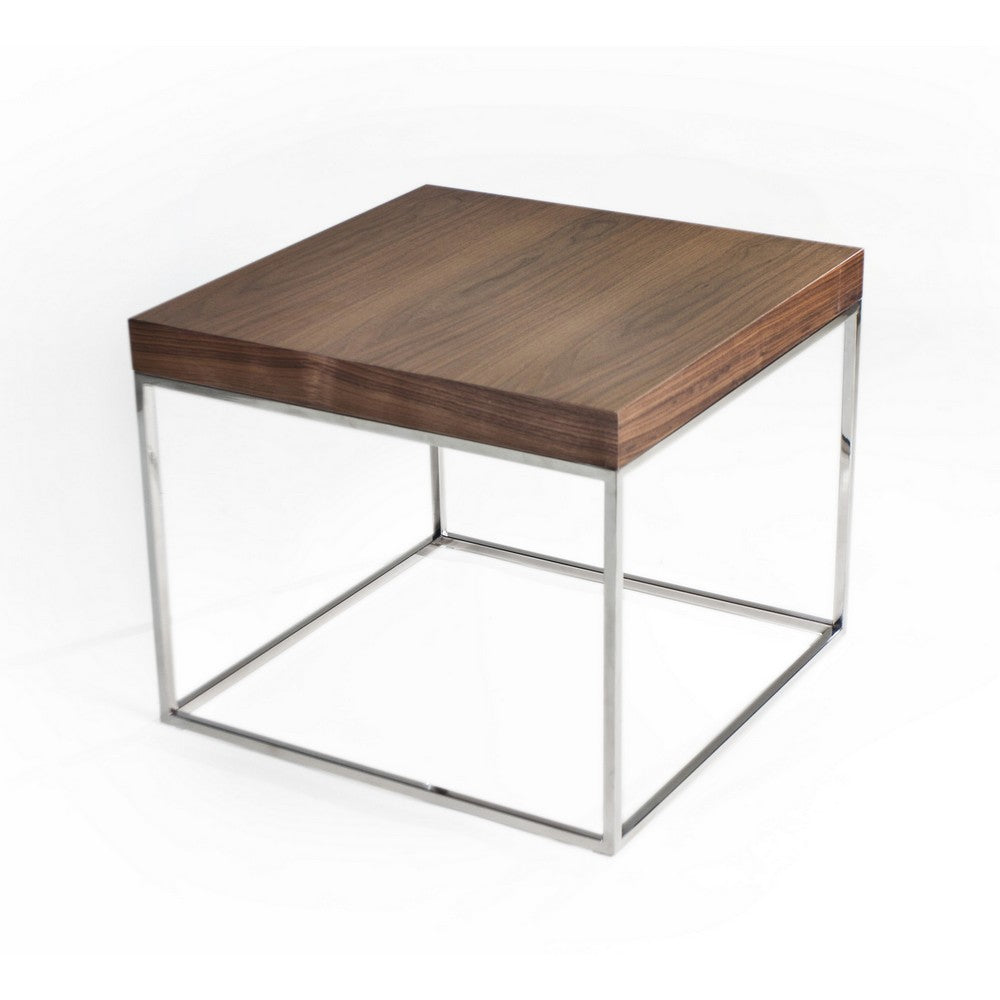 Zen 24 Inch Side End Table, Square, Brown Wood Top, Chrome Steel Frame - BM317009