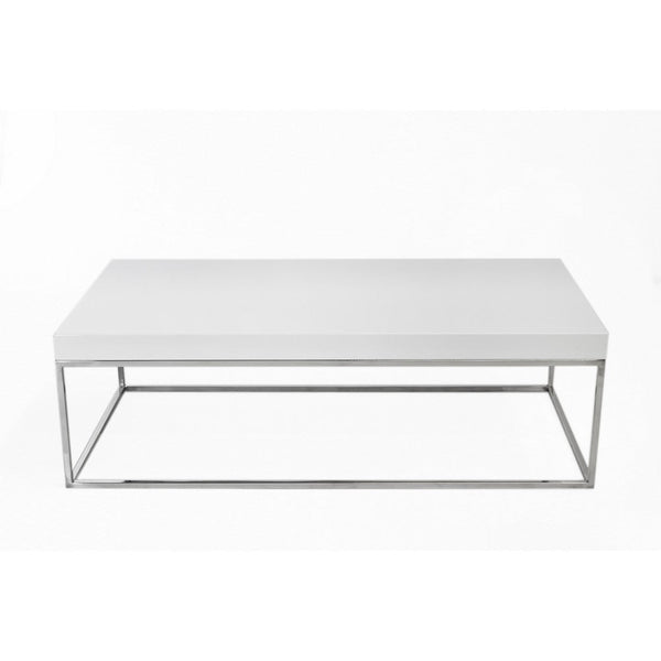 Zen 48 Inch Coffee Table, Rectangular White Lacquer Top, Chrome Steel Frame - BM317011