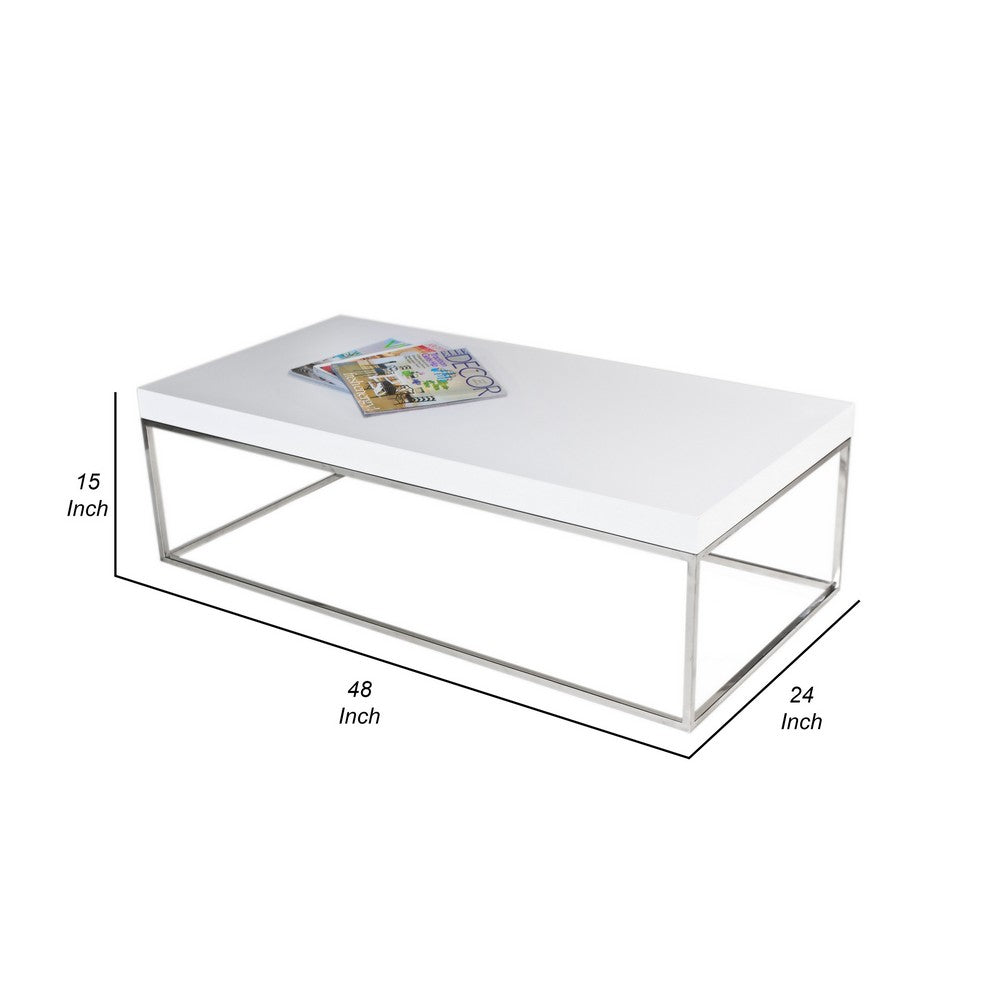 Zen 48 Inch Coffee Table, Rectangular White Lacquer Top, Chrome Steel Frame - BM317011