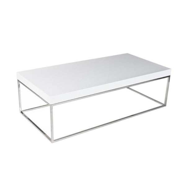 Zen 48 Inch Coffee Table, Rectangular White Lacquer Top, Chrome Steel Frame - BM317011