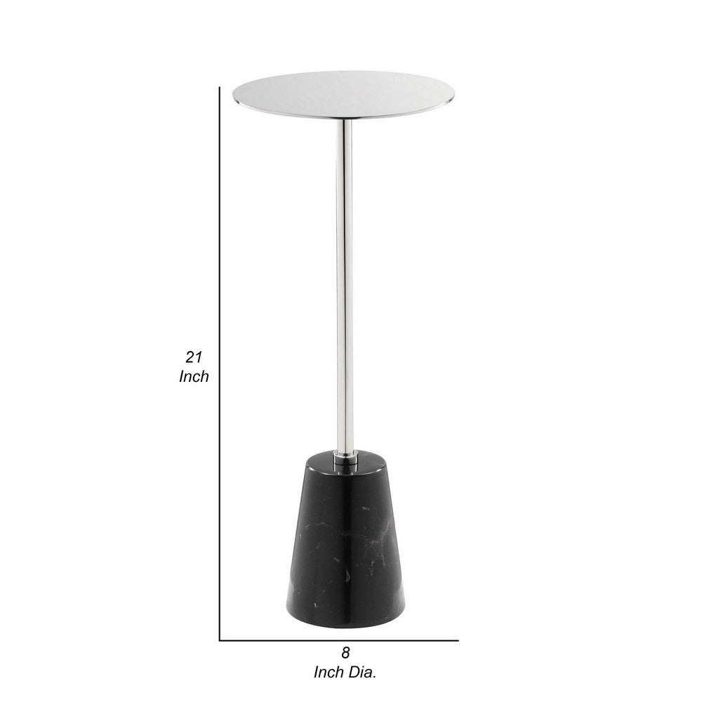 Sen 21 Inch Drink Side End Table, Chrome Round Top, Black Marble Cone Base - BM317020