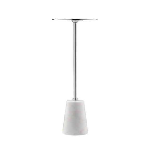 Sen 21 Inch Drink Side End Table, Cone White Marble Base, Chrome Metal Top - BM317021