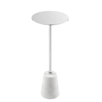 Sen 21 Inch Drink Side End Table, Cone White Marble Base, Chrome Metal Top - BM317021