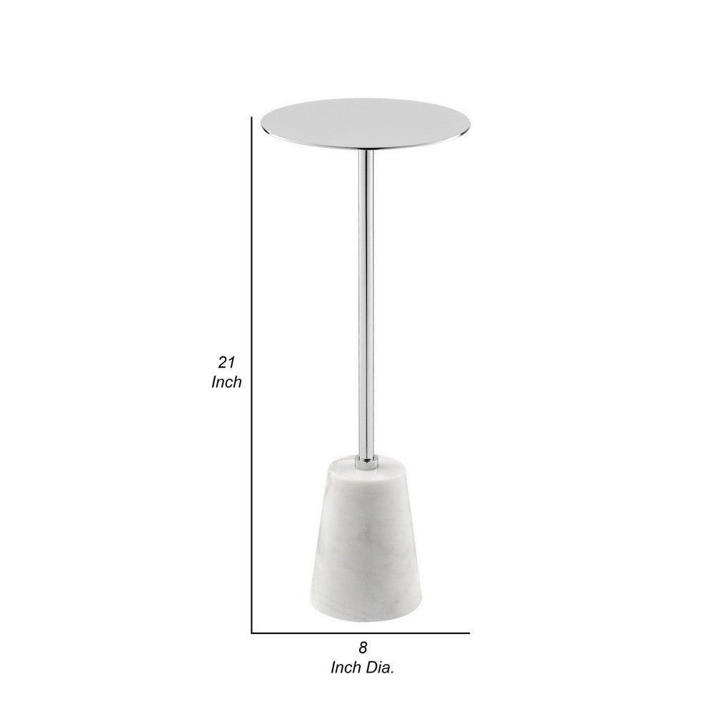 Sen 21 Inch Drink Side End Table, Cone White Marble Base, Chrome Metal Top - BM317021