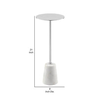 Sen 21 Inch Drink Side End Table, Cone White Marble Base, Chrome Metal Top - BM317021