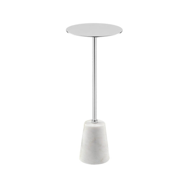 Sen 21 Inch Drink Side End Table, Cone White Marble Base, Chrome Metal Top - BM317021