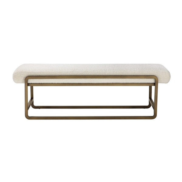 Loer 54 Inch Modern Accent Bench, Ivory Boucle Upholstery, Sled Brass Legs - BM317022