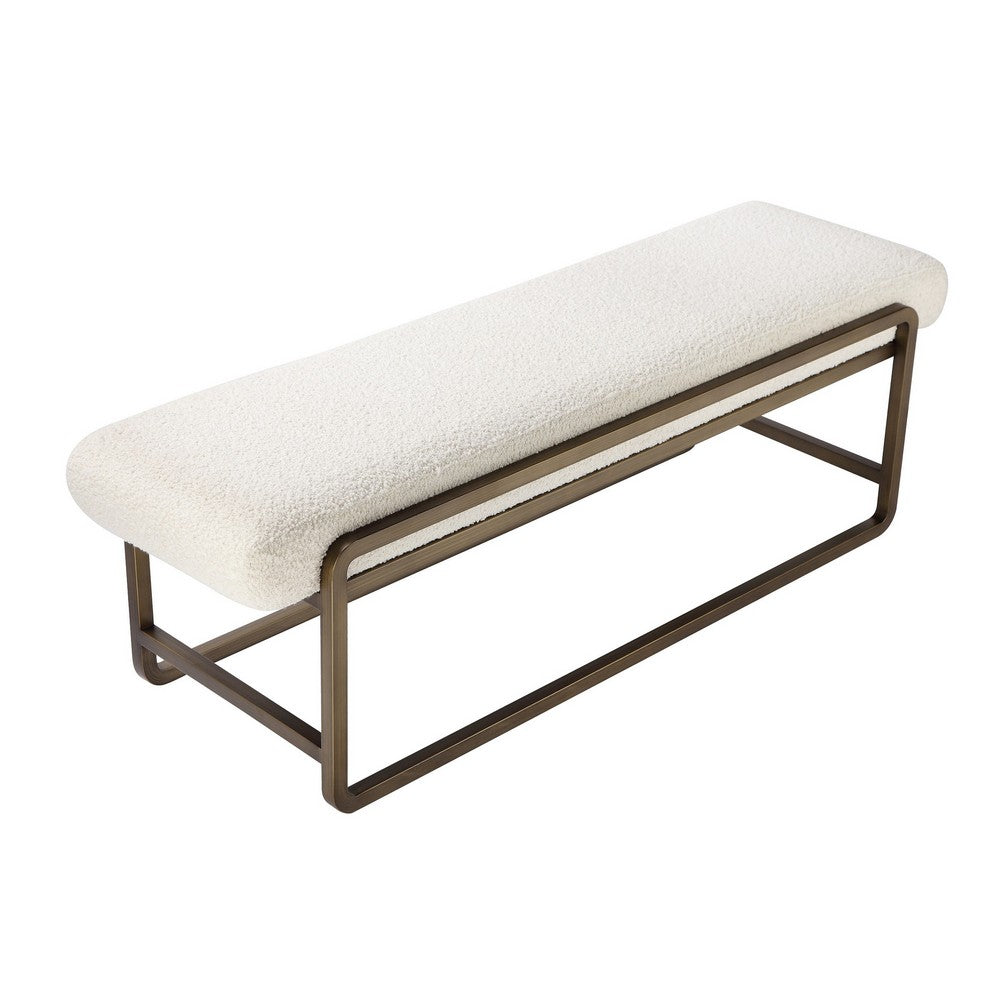 Loer 54 Inch Modern Accent Bench, Ivory Boucle Upholstery, Sled Brass Legs - BM317022