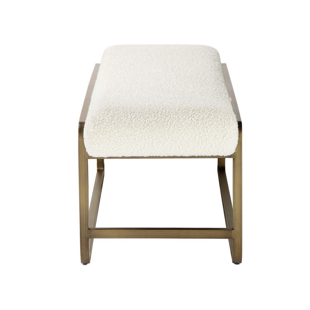 Loer 54 Inch Modern Accent Bench, Ivory Boucle Upholstery, Sled Brass Legs - BM317022