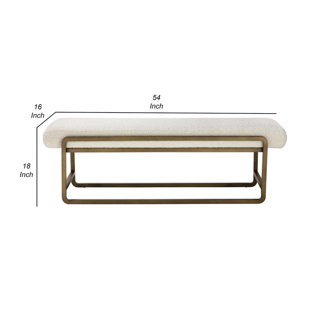 Loer 54 Inch Modern Accent Bench, Ivory Boucle Upholstery, Sled Brass Legs - BM317022