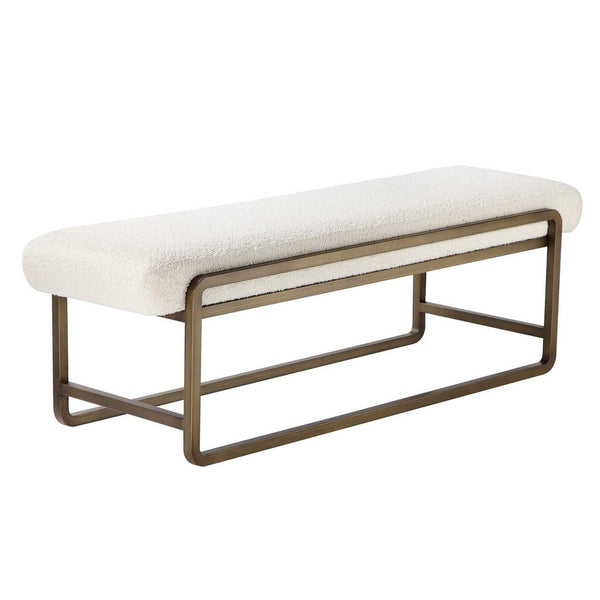 Loer 54 Inch Modern Accent Bench, Ivory Boucle Upholstery, Sled Brass Legs - BM317022