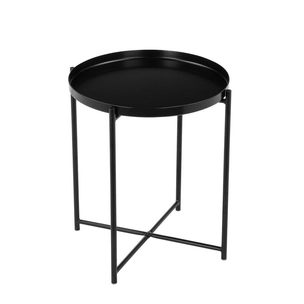 Ely 21 Inch Side End Table, Black Round Tray Top Modern Open Metal Frame - BM317031