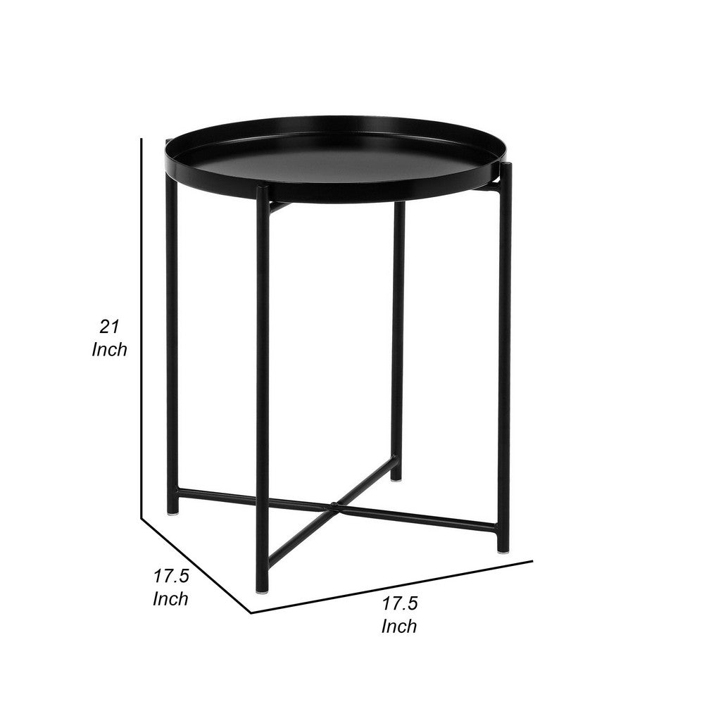 Ely 21 Inch Side End Table, Black Round Tray Top Modern Open Metal Frame - BM317031