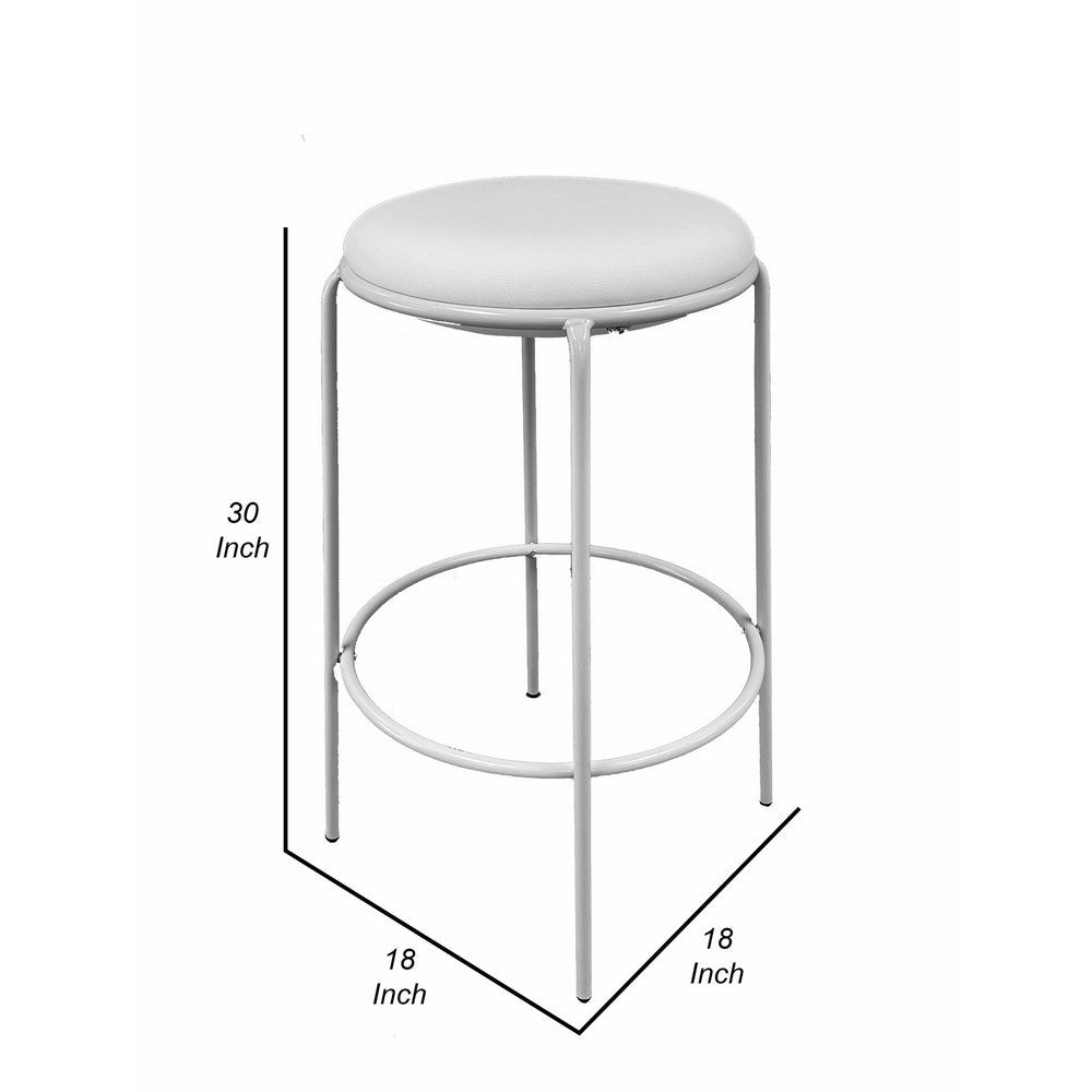 Neni 30 Inch Barstool Set of 2, Round Cushioned Seat, White Faux Leather - BM317039