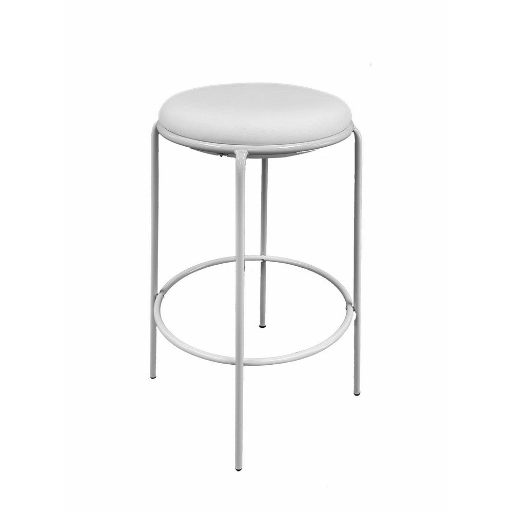 Neni 30 Inch Barstool Set of 2, Round Cushioned Seat, White Faux Leather - BM317039