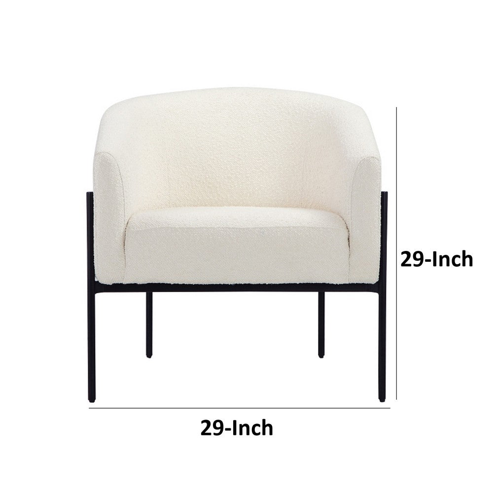 Mae 29 Inch Accent Armchair, Barrel, White Boucle Upholstery, Black Metal - BM317046