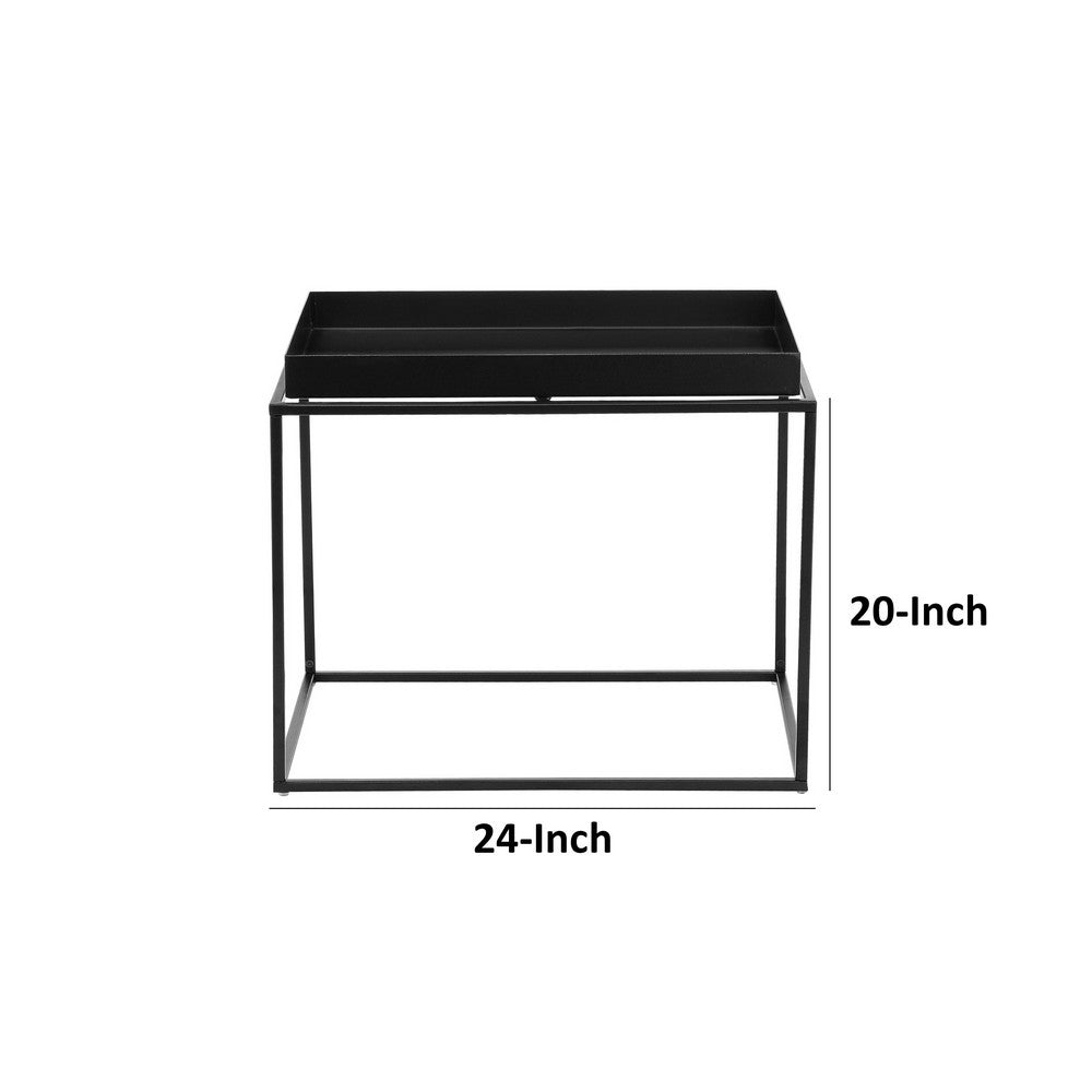 Bixy 24 Inch Side End Table, Black Tray Top, Open Cubic Metal Frame - BM317055