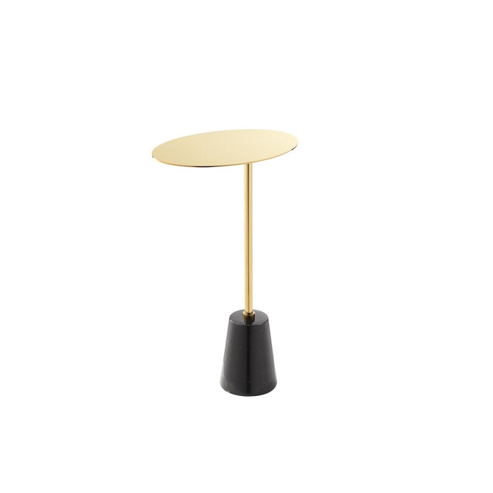 Frank 12 Inch Drink Side End Table, Gold Top, Black Marble Solid Cone Base - BM317057