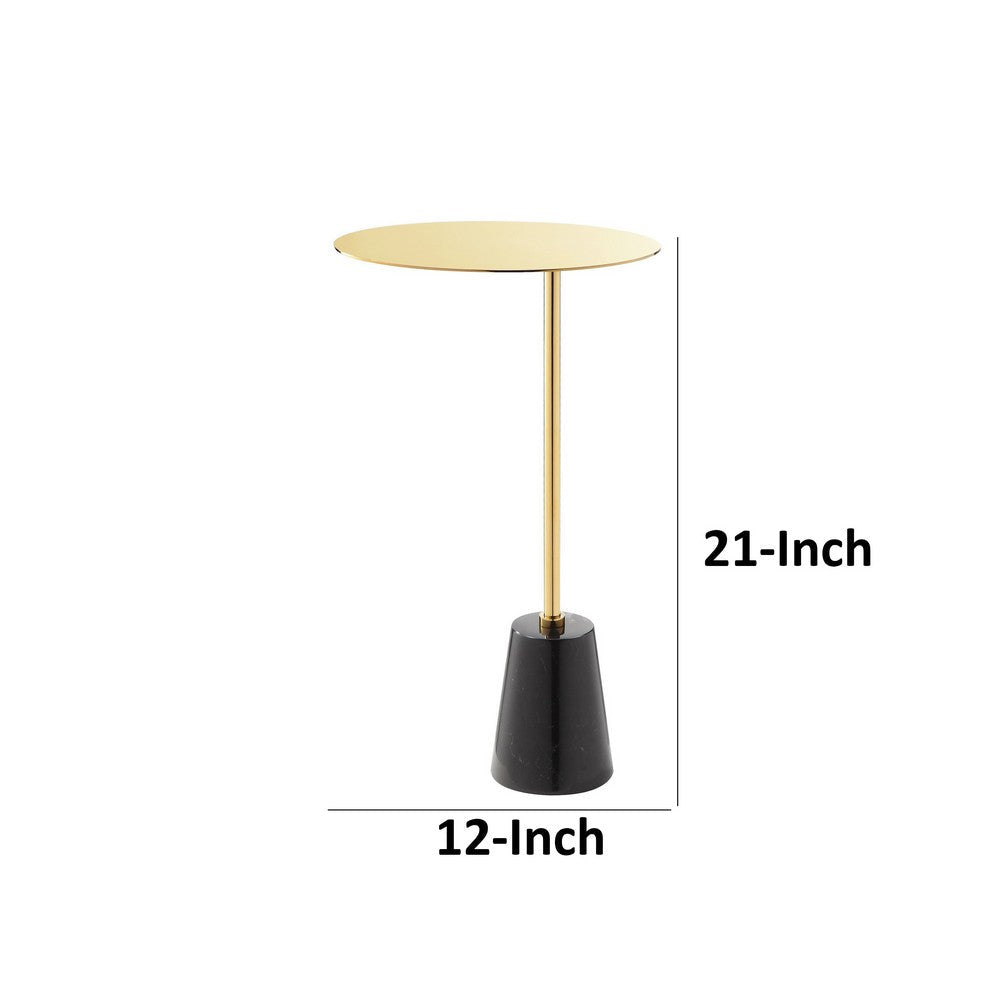 Frank 12 Inch Drink Side End Table, Gold Top, Black Marble Solid Cone Base - BM317057