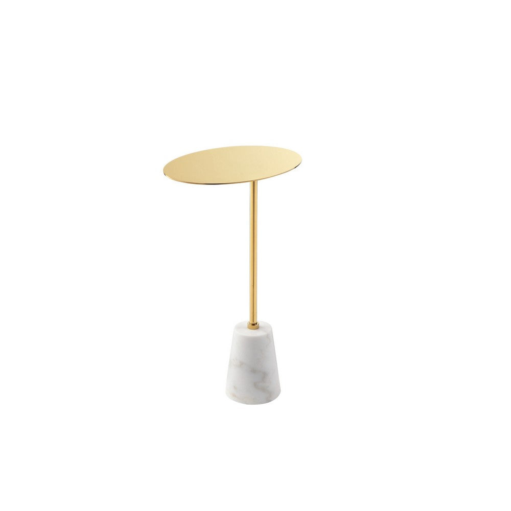 Frank 12 Inch Drink Side End Table, Gold Top, White Marble Solid Cone Base - BM317058