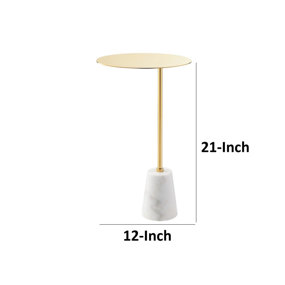 Frank 12 Inch Drink Side End Table, Gold Top, White Marble Solid Cone Base - BM317058