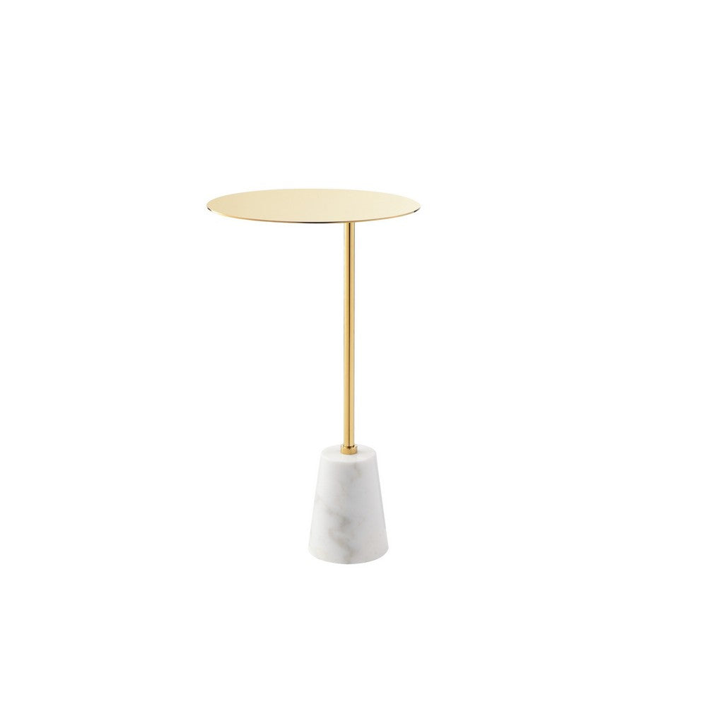 Frank 12 Inch Drink Side End Table, Gold Top, White Marble Solid Cone Base - BM317058