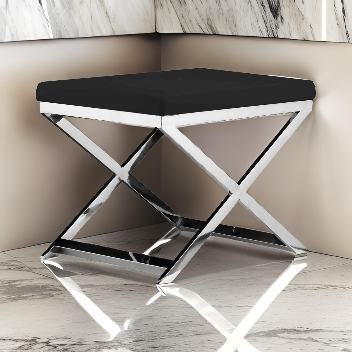 Sovi 20 Inch Accent Stool Ottoman, Steel Legs, Cushioned Black Faux Leather - BM317062