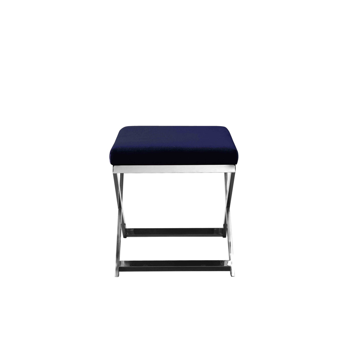 Sovi 20 Inch Accent Stool Ottoman, X Shape Steel Legs, Navy Blue Velvet - BM317064