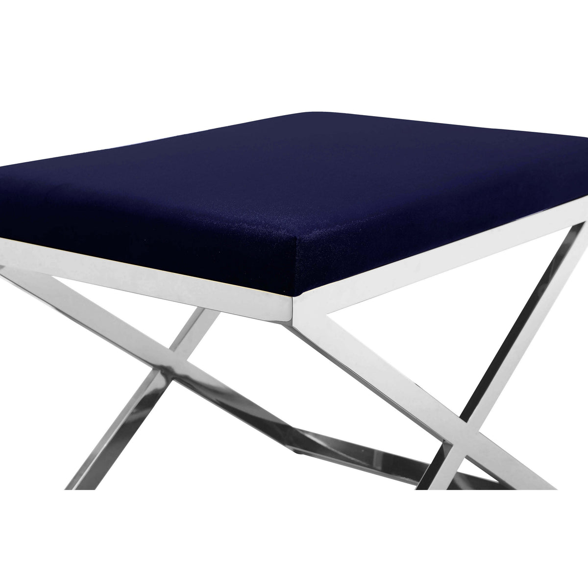 Sovi 20 Inch Accent Stool Ottoman, X Shape Steel Legs, Navy Blue Velvet - BM317064